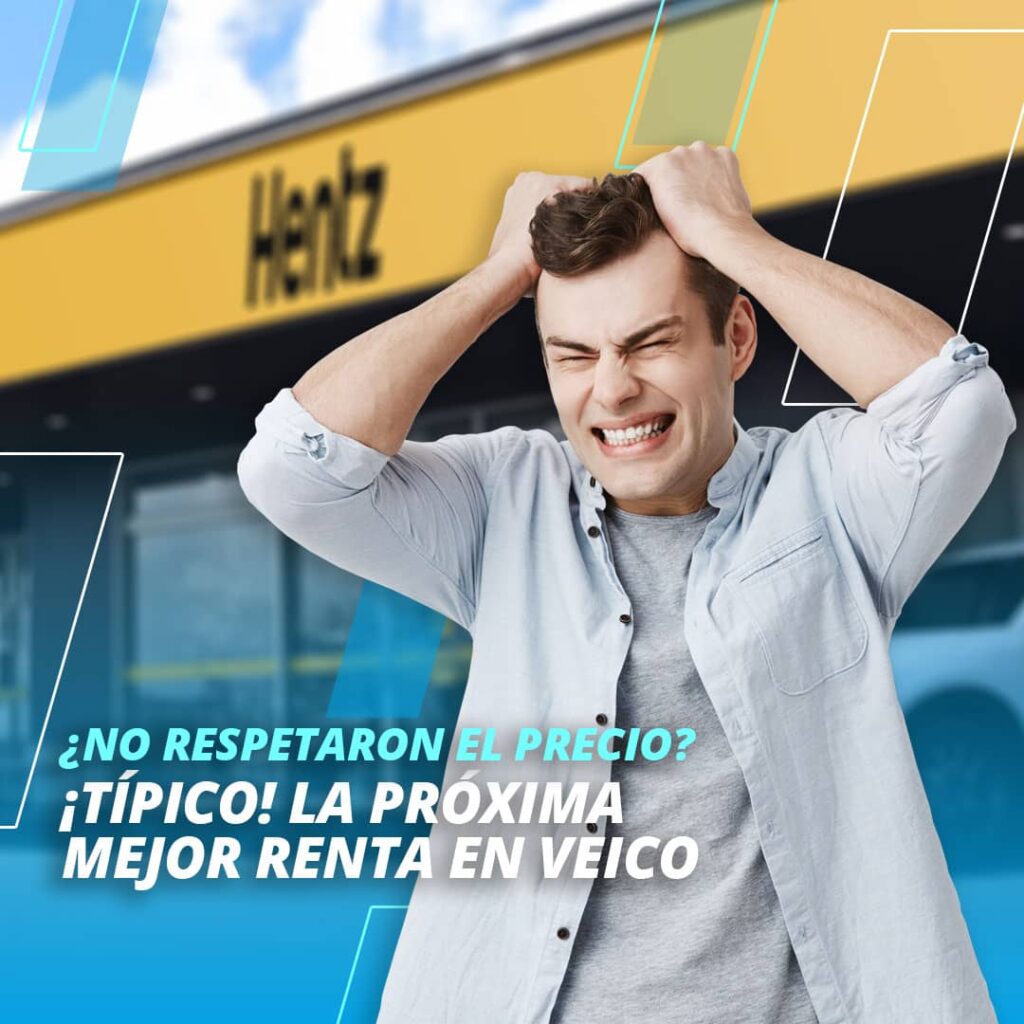 Hombre molesto frente a una sucursal de renta de autos porque no obtuvo el precio prometido en su reservación.
